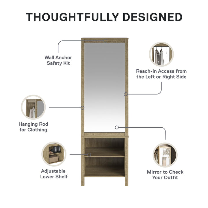 Amberly Wardrobe with Mirror, Clothing Bar and 3 Shelves - Natural