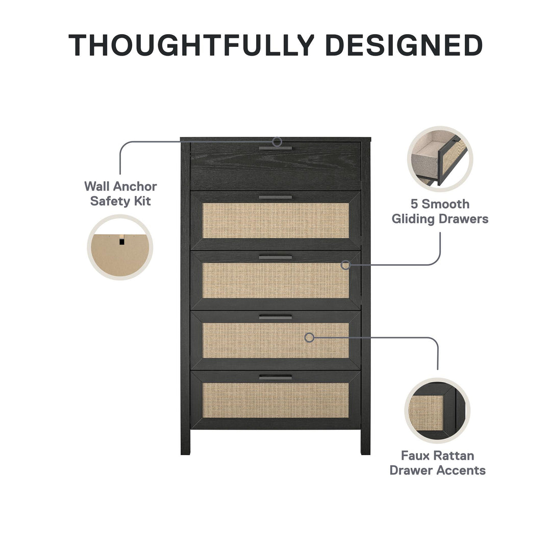 Amberly Rattan 5 Drawer Dresser - Black Oak