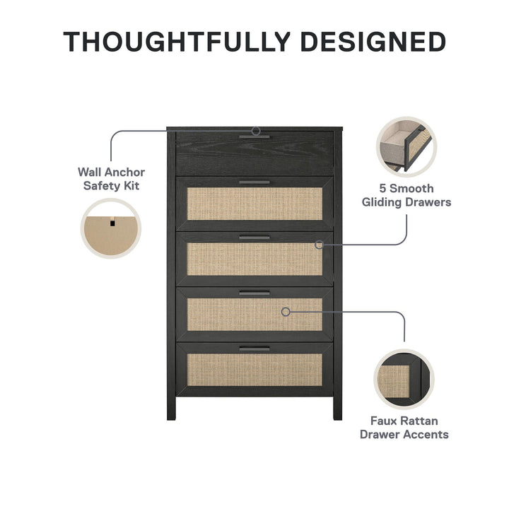 Amberly Rattan 5 Drawer Dresser - Black Oak