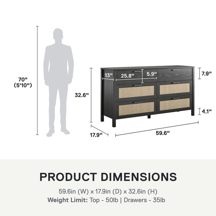Amberly Rattan 6 Drawer Dresser - Black Oak