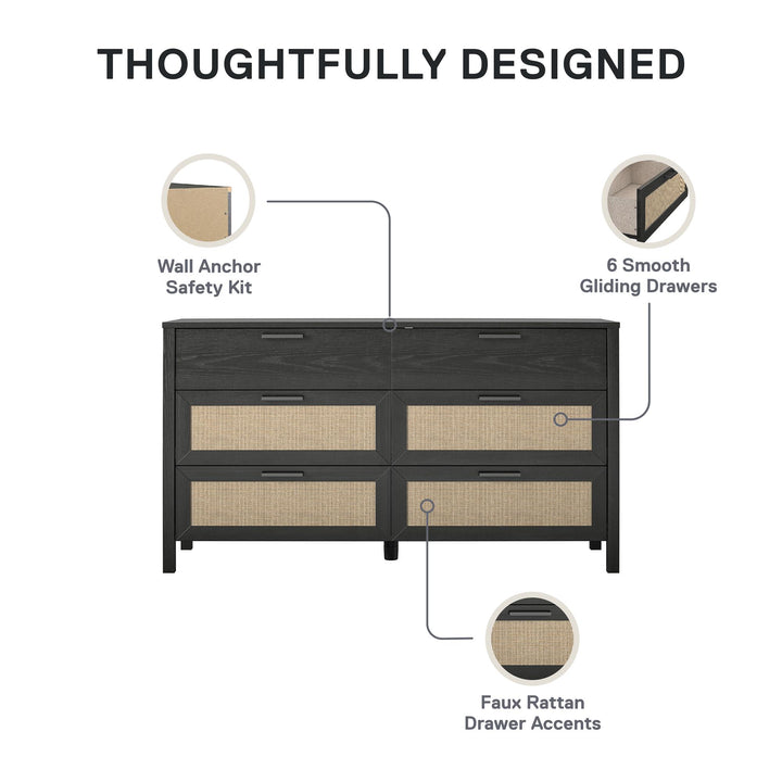 Amberly Rattan 6 Drawer Dresser - Black Oak