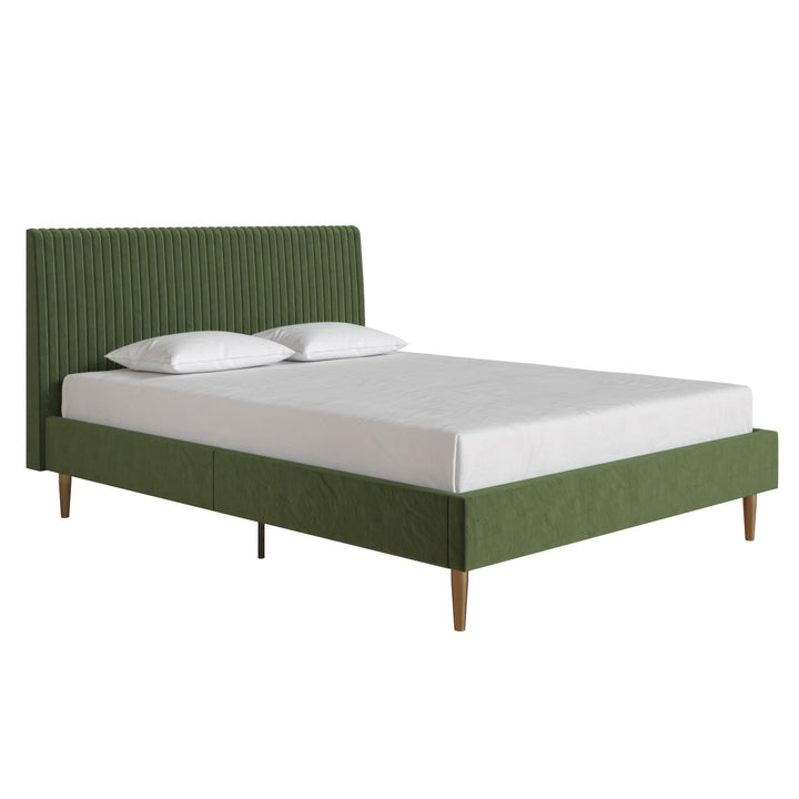 Daphne Velvet Upholstered Bed with Channel Tufted Headboard - Olive Green Velvet - Queen