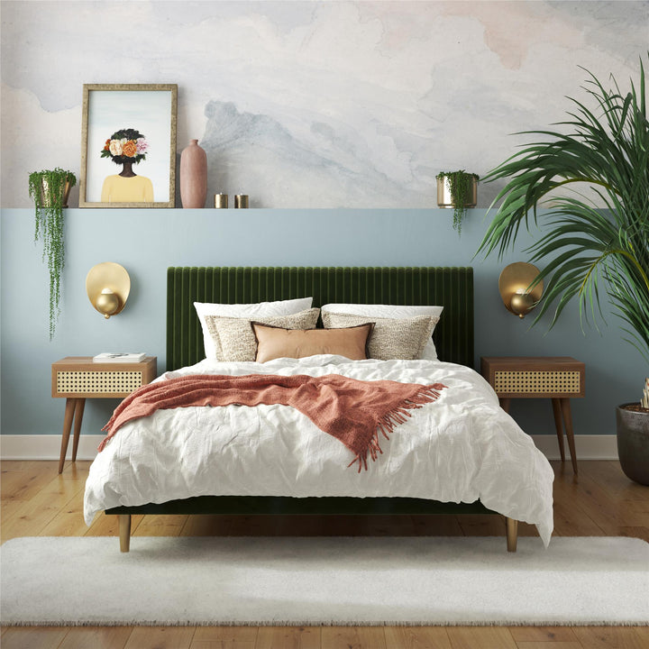 Daphne Velvet Upholstered Bed with Channel Tufted Headboard - Olive Green Velvet - Queen