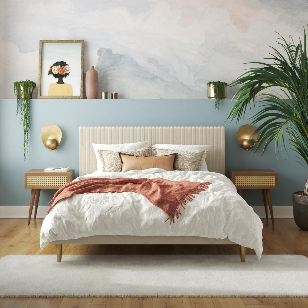 Daphne Velvet Upholstered Bed with Channel Tufted Headboard - Ivory - Queen