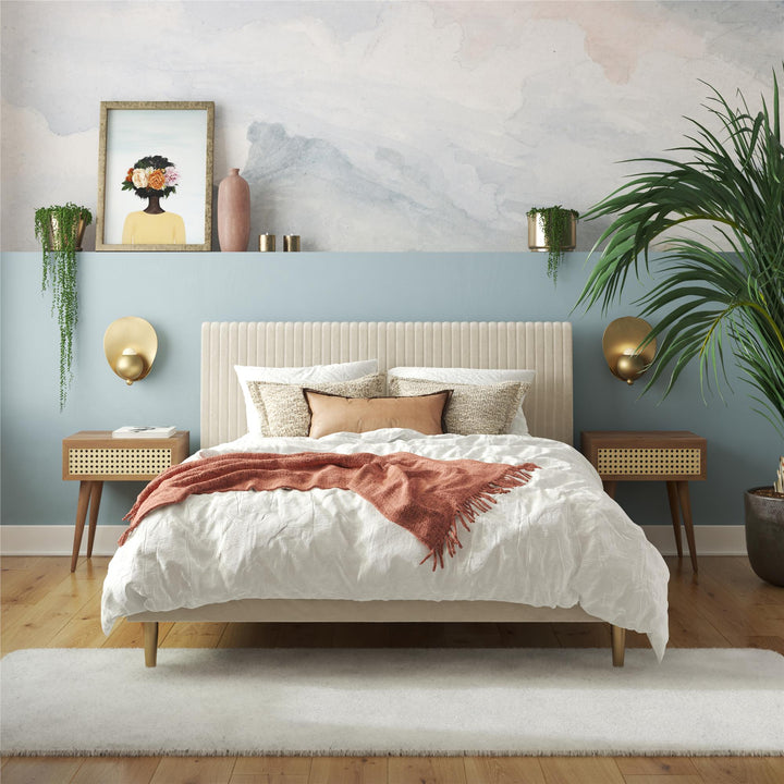 Daphne Velvet Upholstered Bed with Channel Tufted Headboard - Ivory - Queen
