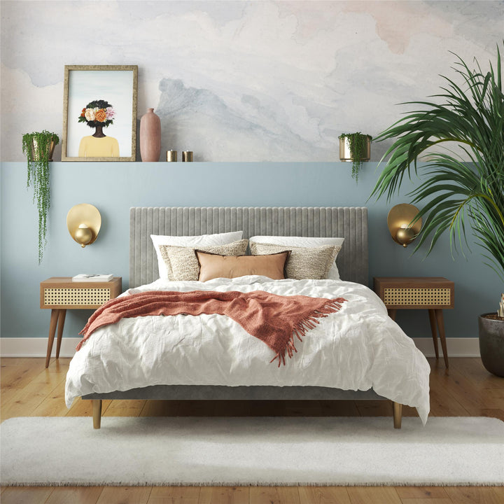 Daphne Velvet Upholstered Bed with Channel Tufted Headboard - Light Gray - Full