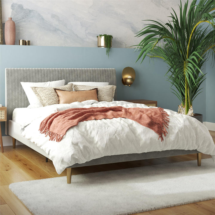 Daphne Velvet Upholstered Bed with Channel Tufted Headboard - Light Gray - Queen