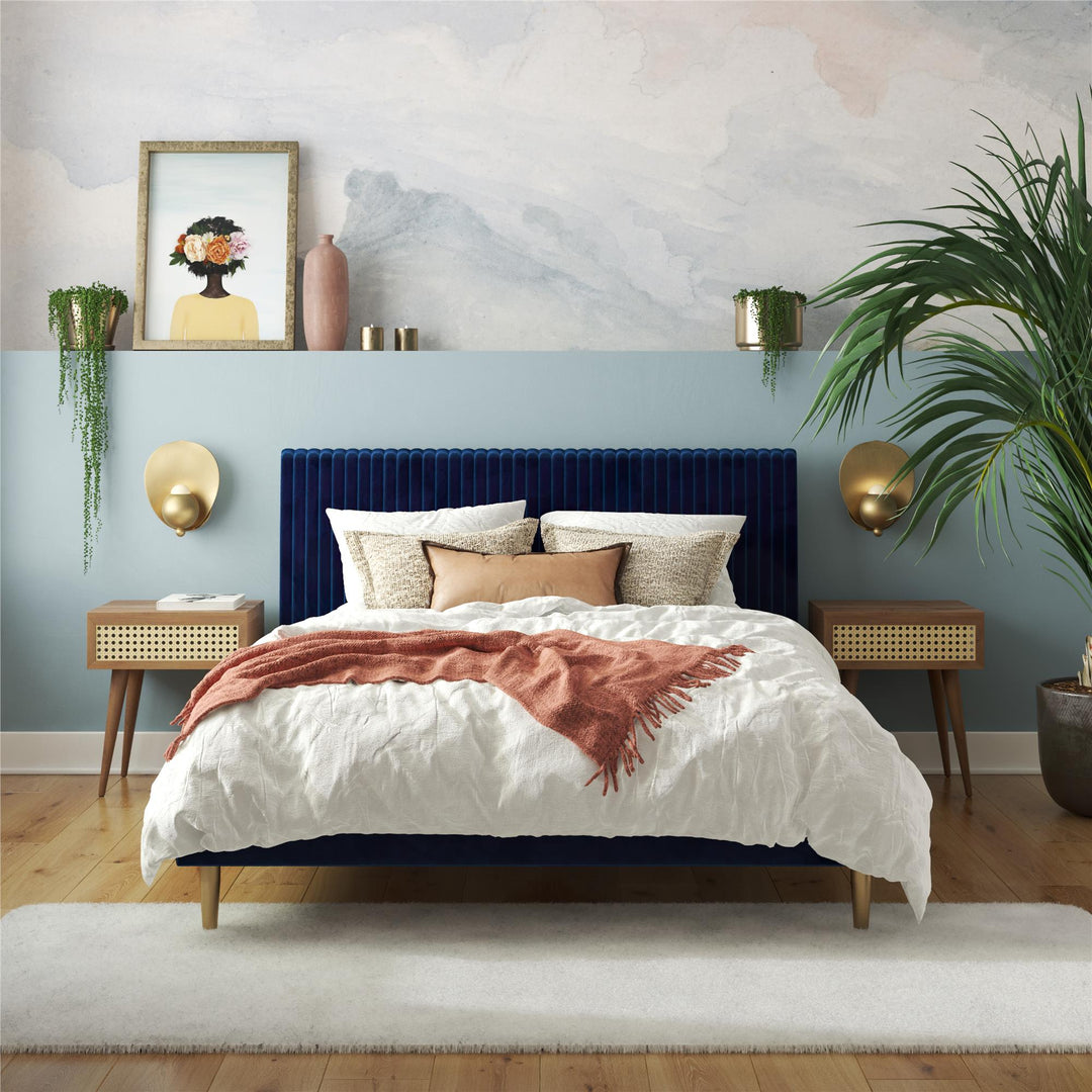 Daphne Velvet Upholstered Bed with Channel Tufted Headboard - Blue - Queen
