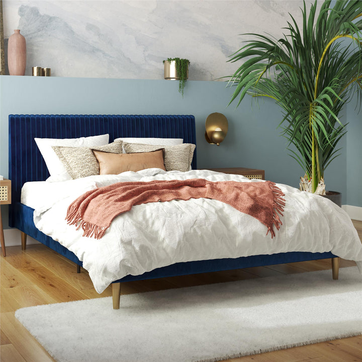 Daphne Velvet Upholstered Bed with Channel Tufted Headboard - Blue - Queen