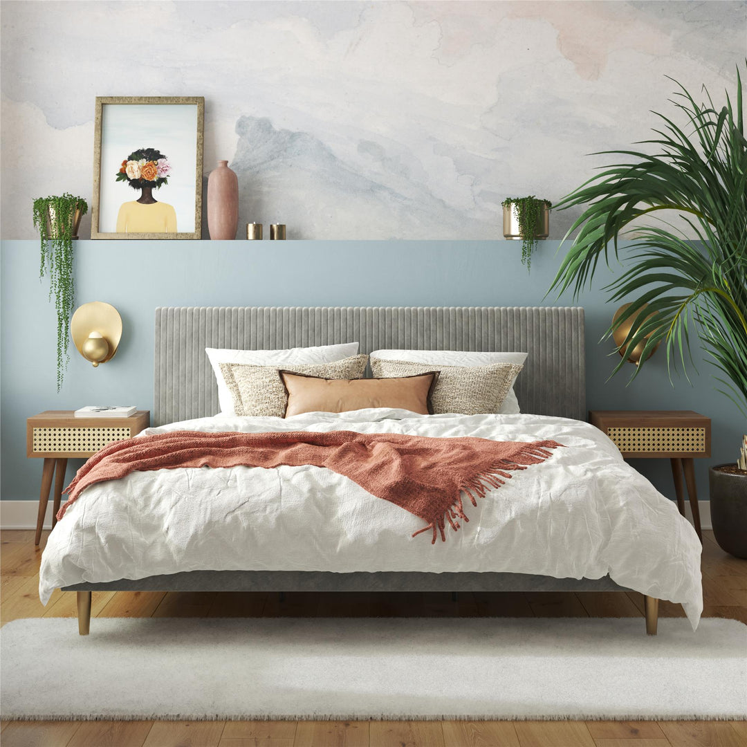 Daphne Velvet Upholstered Bed with Channel Tufted Headboard - Light Gray - King