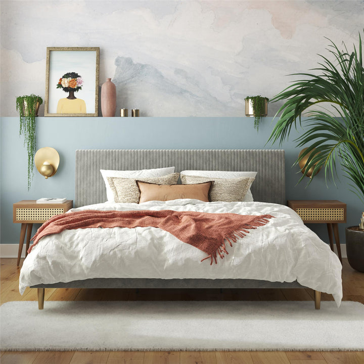 Daphne Velvet Upholstered Bed with Channel Tufted Headboard - Light Gray - King