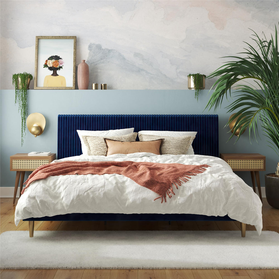 Daphne Velvet Upholstered Bed with Channel Tufted Headboard - Blue - King