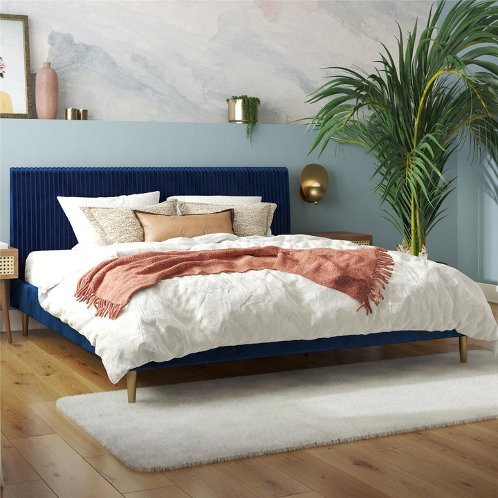 Daphne Velvet Upholstered Bed with Channel Tufted Headboard - Blue - King
