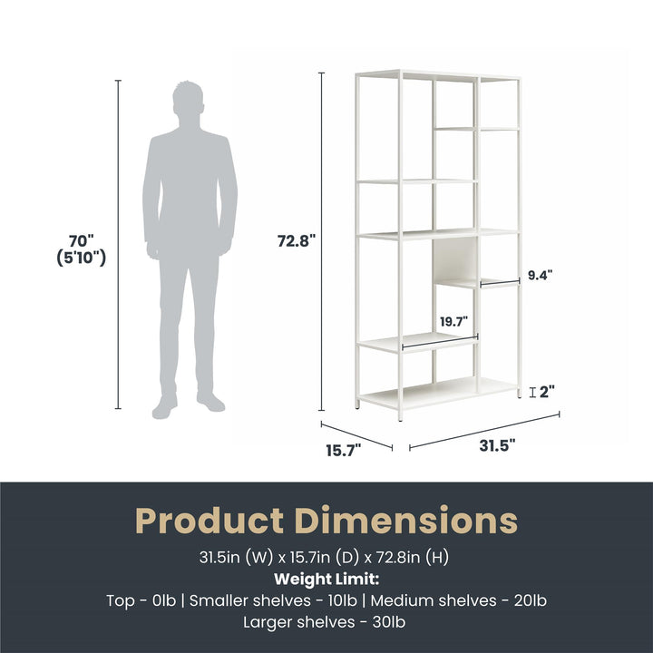 Shadwick Metal Bookcase with Six Variating-Sized Shelves - White