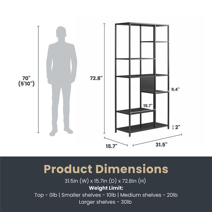 Shadwick Metal Bookcase with Six Variating-Sized Shelves - Black