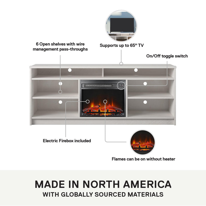 Hendrix 65 Inch TV Stand with Electric Fireplace Insert and 6 Shelves - Ivory Oak