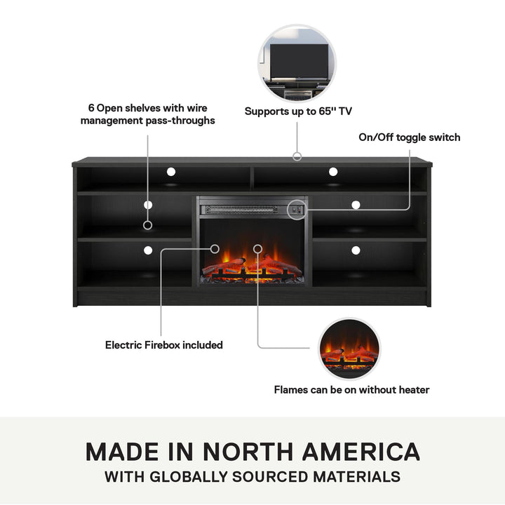Hendrix 65 Inch TV Stand with Electric Fireplace Insert and 6 Shelves - Black Oak