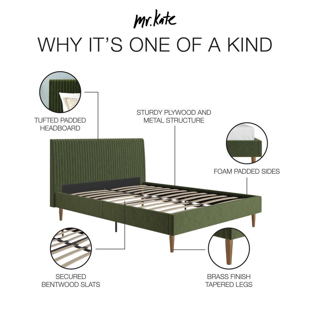 Daphne Velvet Upholstered Bed with Channel Tufted Headboard - Olive Green Velvet - Queen