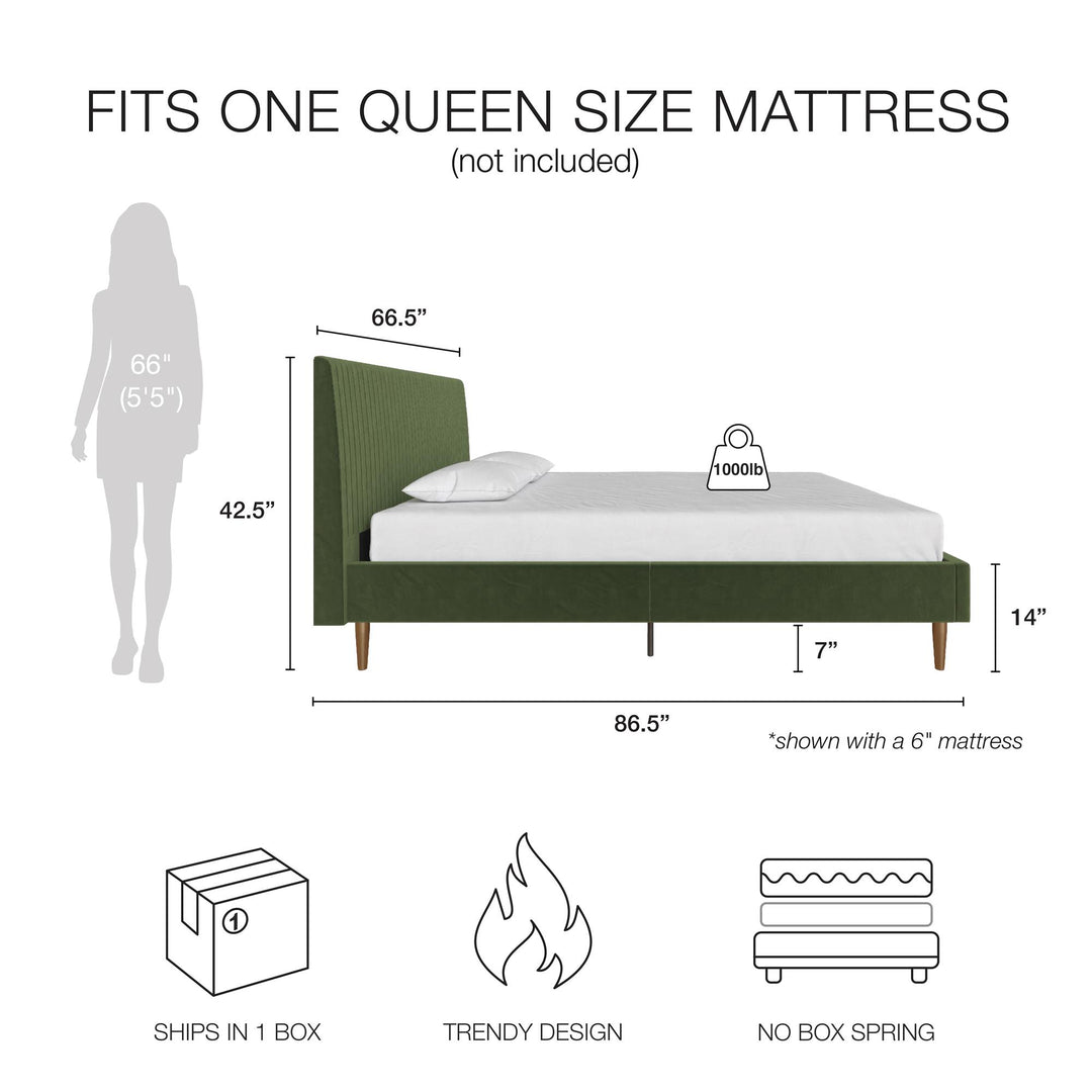 Daphne Velvet Upholstered Bed with Channel Tufted Headboard - Olive Green Velvet - Queen