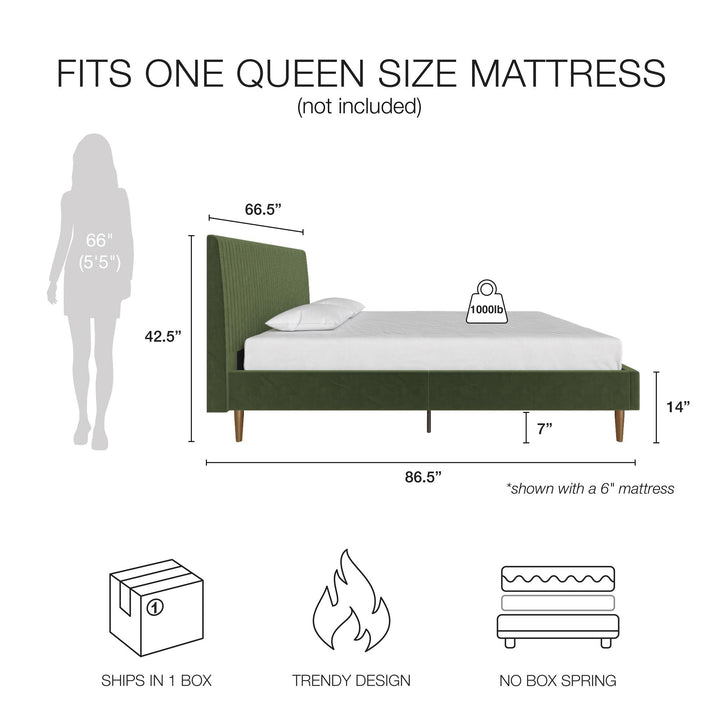 Daphne Velvet Upholstered Bed with Channel Tufted Headboard - Olive Green Velvet - Queen