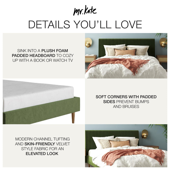 Daphne Velvet Upholstered Bed with Channel Tufted Headboard - Olive Green Velvet - Queen