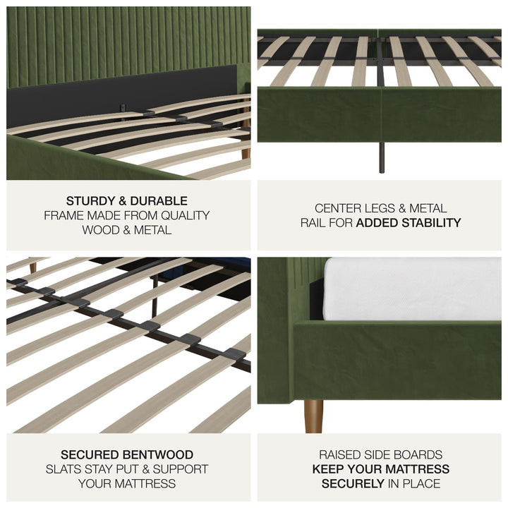 Daphne Velvet Upholstered Bed with Channel Tufted Headboard - Olive Green Velvet - Queen