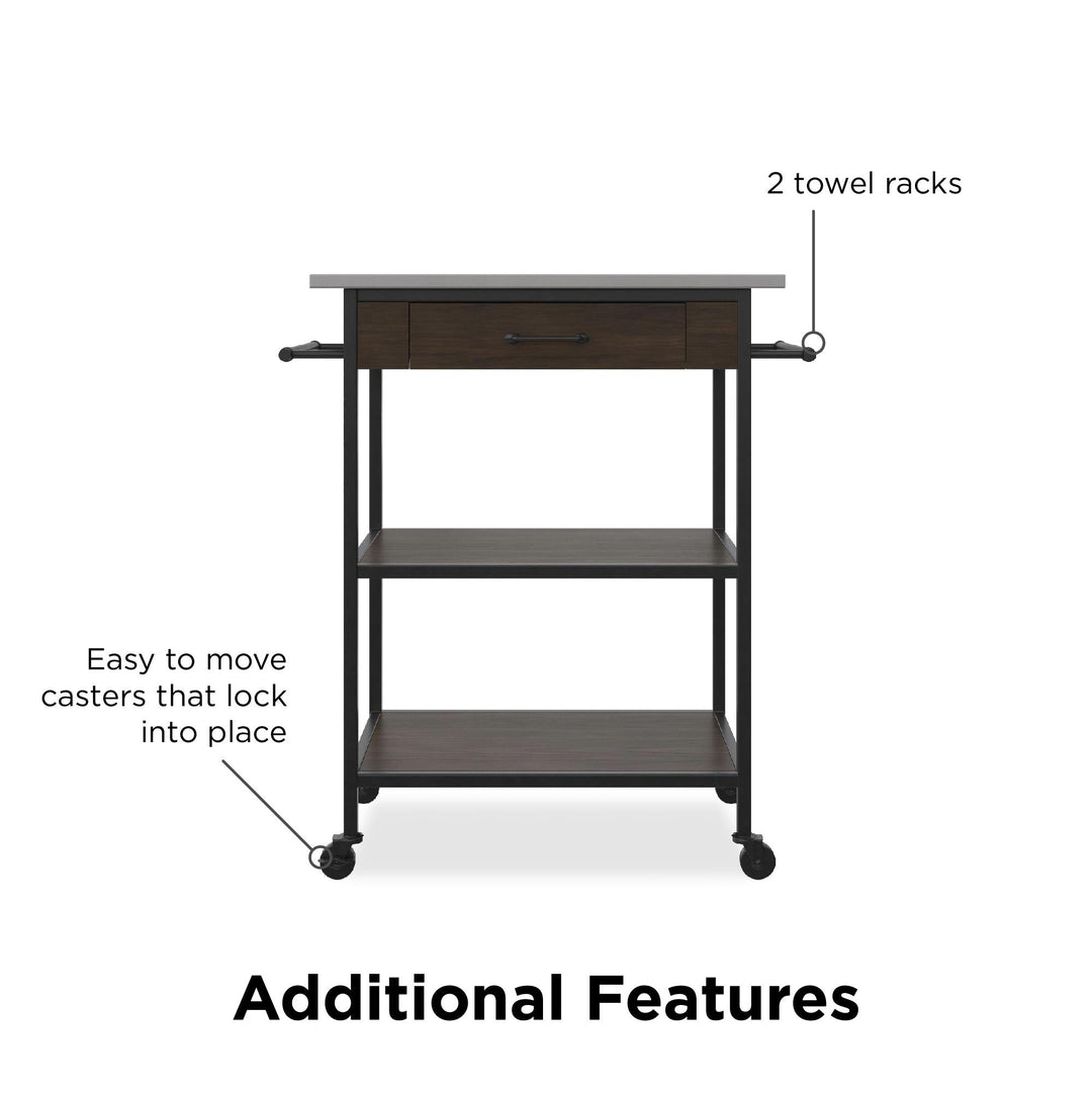 Kane Kitchen Cart with 1 Drawer, 2 Shelves and 2 Towel Bars - Brown