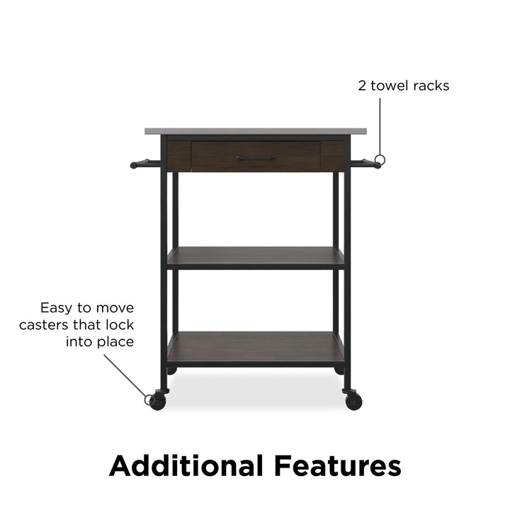 Kane Kitchen Cart with 1 Drawer, 2 Shelves and 2 Towel Bars - Brown
