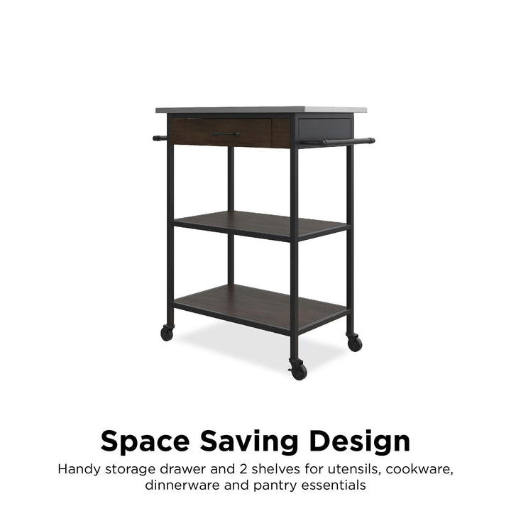 Kane Kitchen Cart with 1 Drawer, 2 Shelves and 2 Towel Bars - Brown
