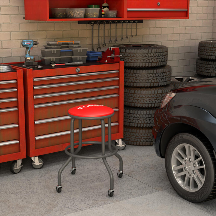 All Steel Vinyl Work Seat with Rolling Casters with 300lb weight capacity - Red - 1-Pack