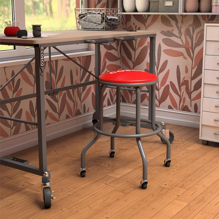 All Steel Vinyl Work Seat with Rolling Casters with 300lb weight capacity - Red - 1-Pack