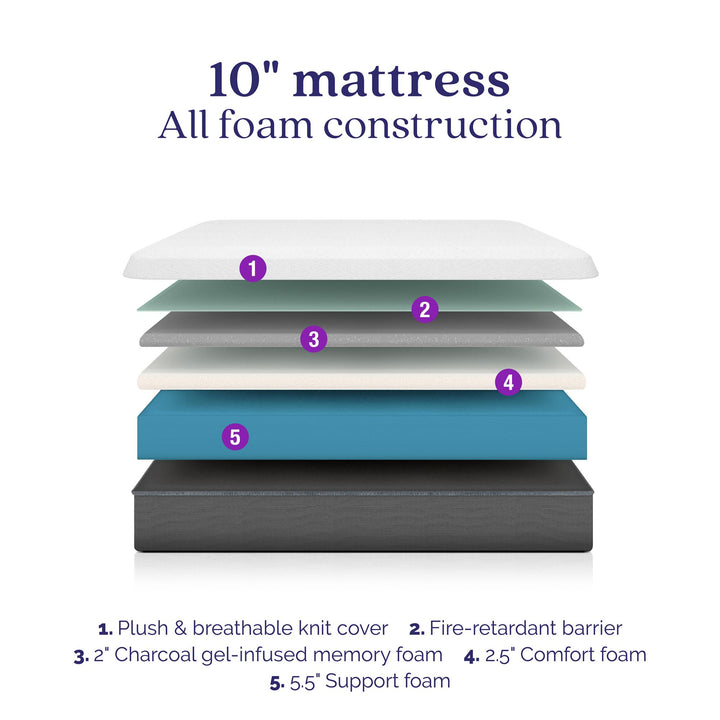 Bliss 10 Inch Charcoal Cool Gel Memory Foam Mattress - White - Twin