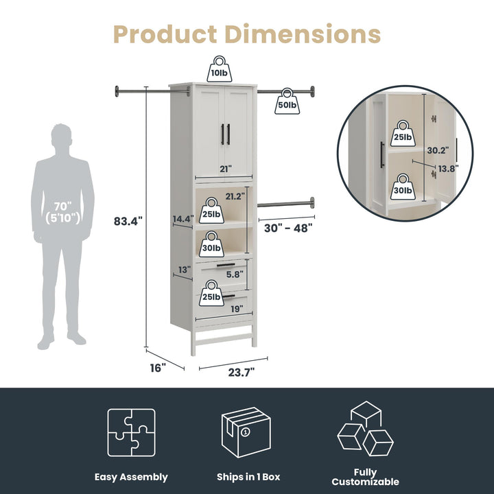 Luxe 2 Door, 2 Drawer Closet Tower with 3 Adjustable Clothing Rods - Ivory Oak