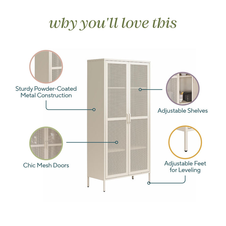 Channing Tall 2 Door Storage Cabinet-Mesh Metal Locker - Parchment