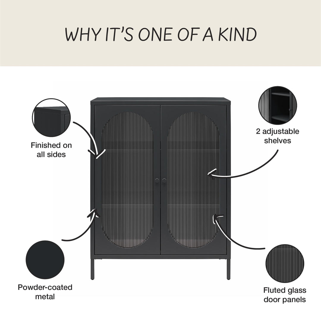 Luna Short 2 Door Accent Cabinet with Fluted Glass - Black
