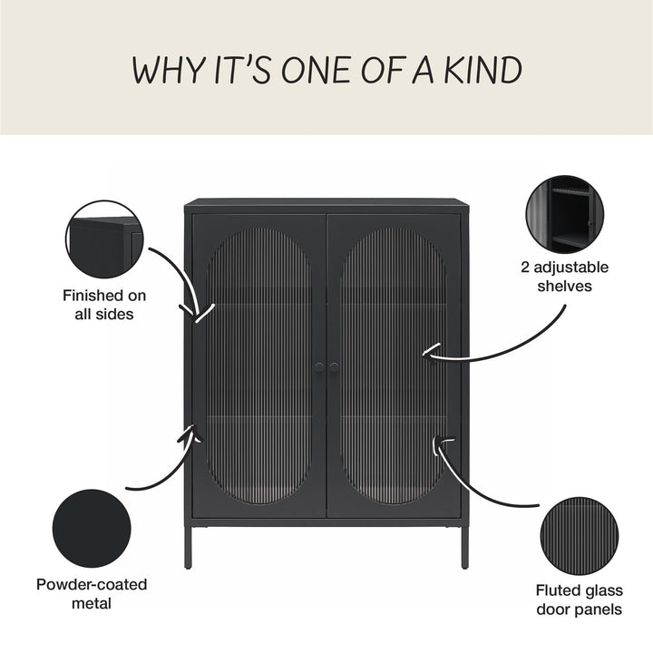 Luna Short 2 Door Accent Cabinet with Fluted Glass - Black