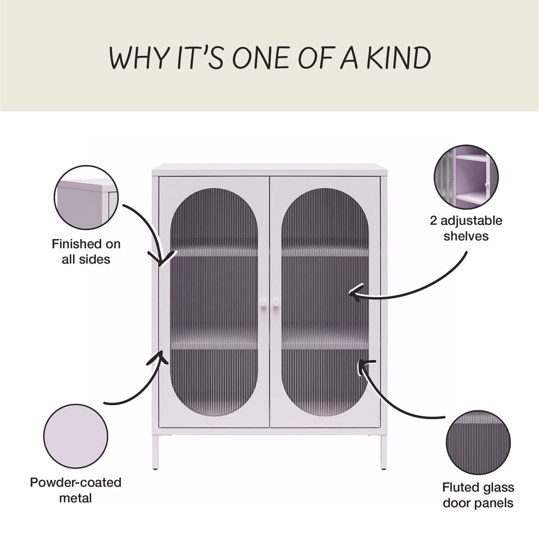 Luna Short 2-Door Metal Accent Cabinet with Fluted Glass, Lilac - Lilac Metal