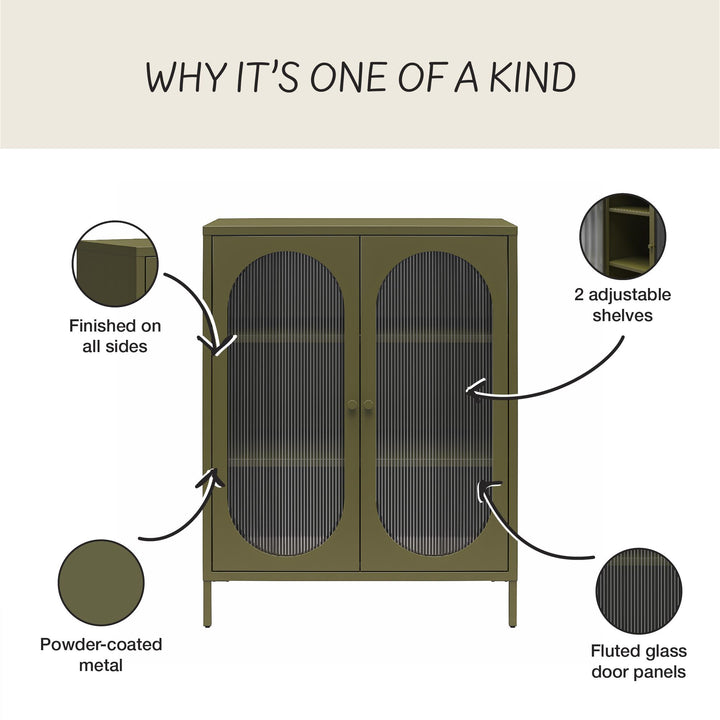 Luna Short 2-Door Metal Accent Cabinet with Fluted Glass - Olive Green Metal