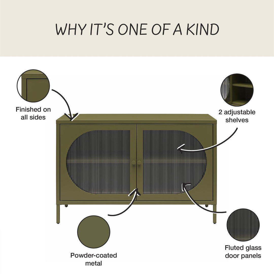 Luna Wide 2-Door Accent Cabinet with Fluted Glass - Olive Green Metal