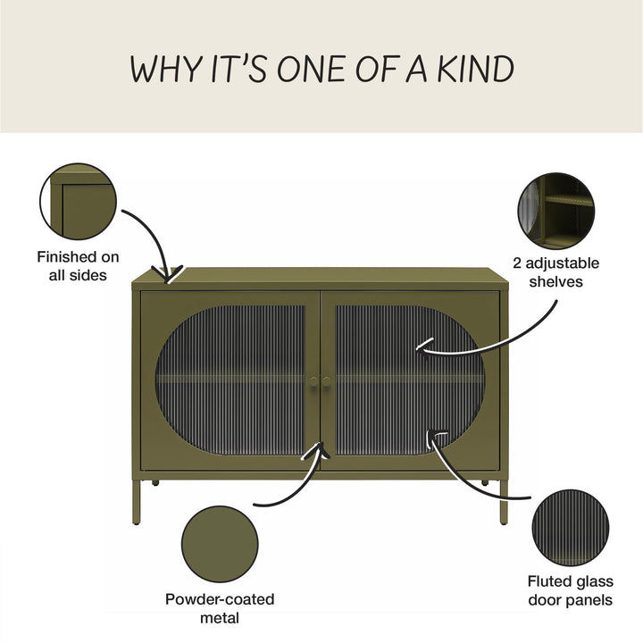Luna Wide 2-Door Accent Cabinet with Fluted Glass - Olive Green Metal