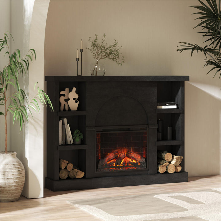 Winston Fireplace Mantel with Built-in Bookshelves - Black Plaster