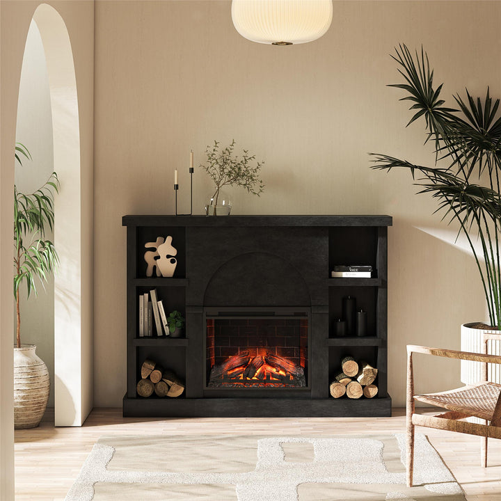 Winston Fireplace Mantel with Built-in Bookshelves - Black Plaster