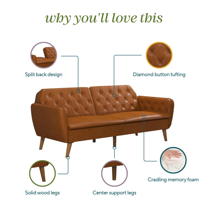 Tallulah Memory Foam Faux Leather Futon - Camel Faux Leather