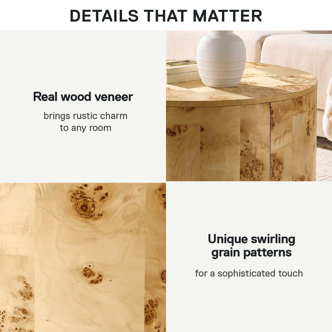 Burlwood Round Wood Veneer Coffee Table - Burl Veneer