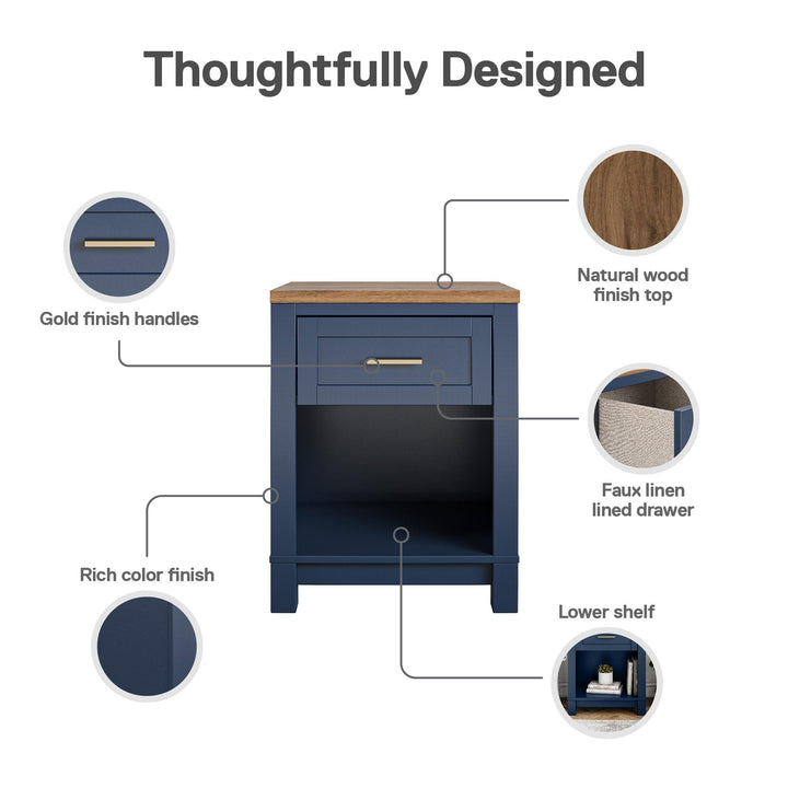 Armada 1 Drawer Nightstand with Open Shelf and Gold Knob - Navy