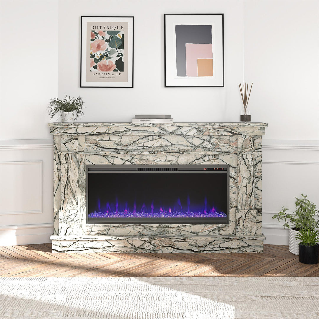 Waverly Wide Mantel with Linear Electric Fireplace & Crystal Ember Bed - Onyx Marble