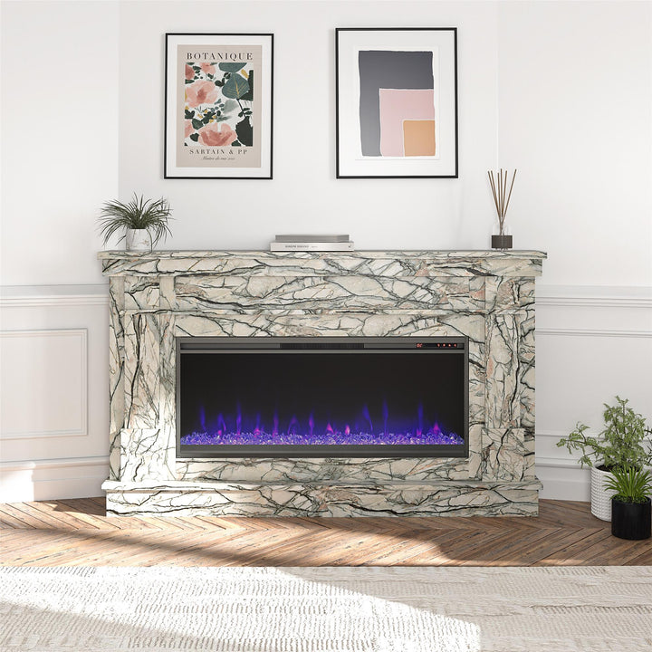 Waverly Wide Mantel with Linear Electric Fireplace & Crystal Ember Bed - Onyx Marble