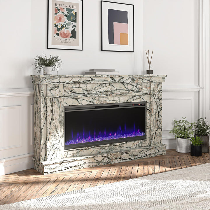 Waverly Wide Mantel with Linear Electric Fireplace & Crystal Ember Bed - Onyx Marble