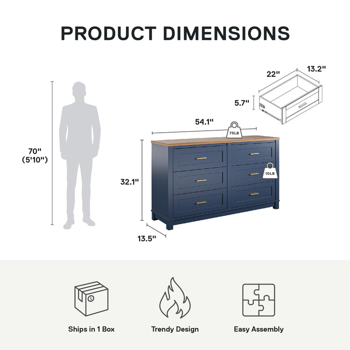 Armada 6 Drawer Dresser with Gold Knobs - Navy