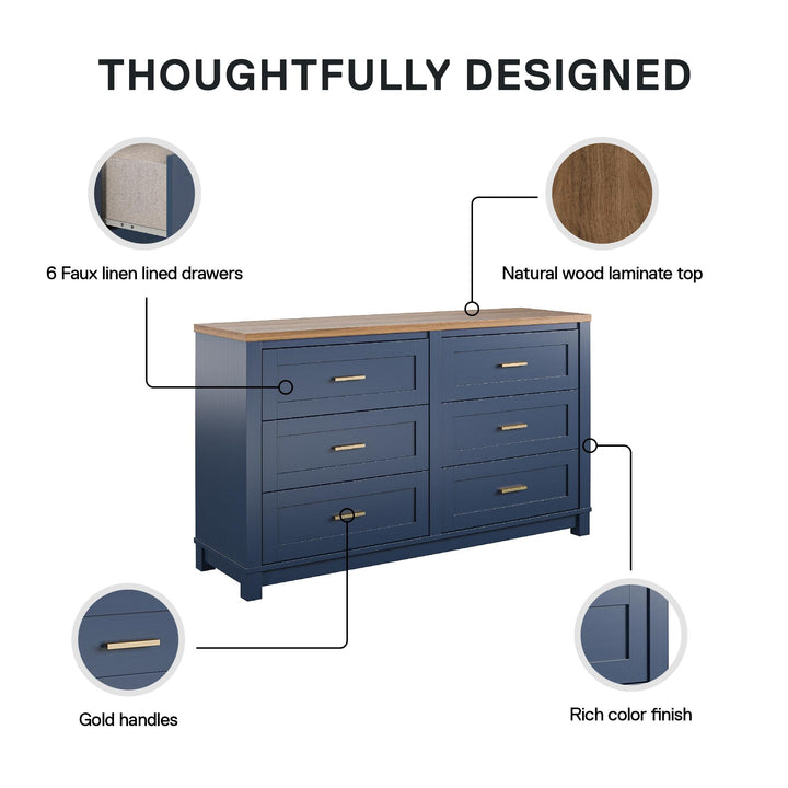 Armada 6 Drawer Dresser with Gold Knobs - Navy